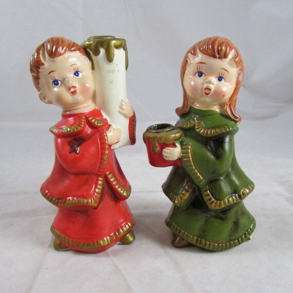 Boy Girl Holiday Papier Mache Candle Holders Christmas Japan Etsy