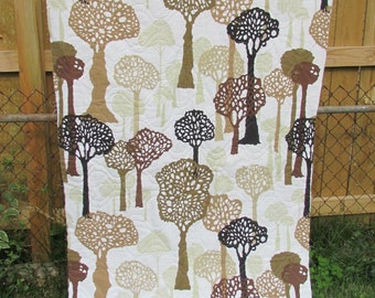 Stylized Trees Quilted Fabric Panel Brown Earth Tones Cutter 68" Length x 41.5" Vintage