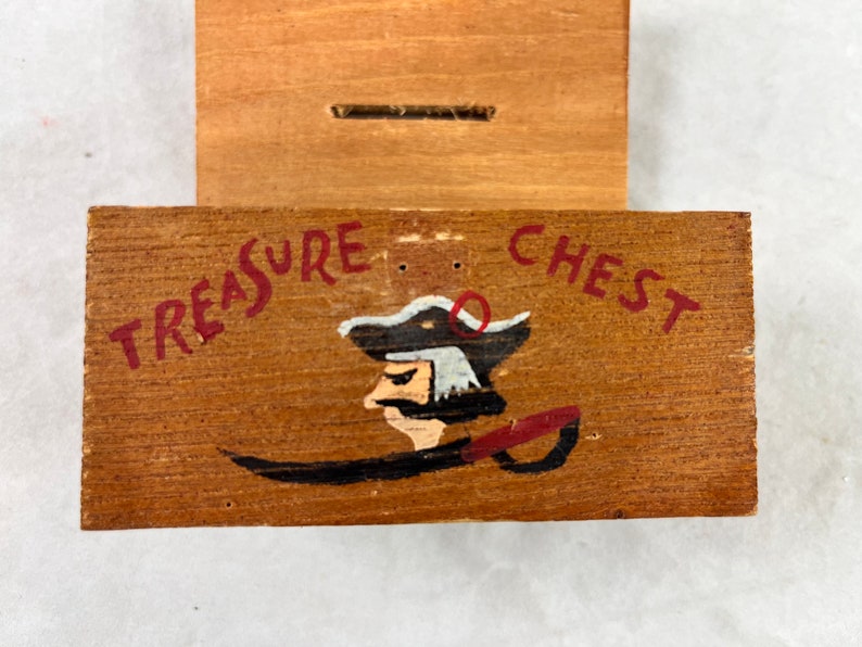 Mini Pirate Treasure Chest Bank Trinket Jewelry Box Vintage Rustic Wood Skull Crossbones Hardware Japan 1960s image 9