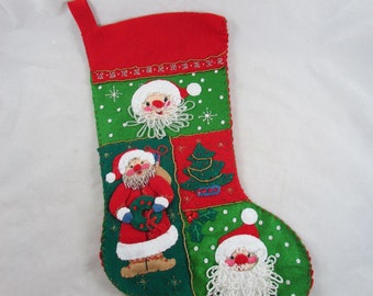 Felt Applique Christmas Stocking Santa Sequins  Beads Finished Complete Handsewn Vintage