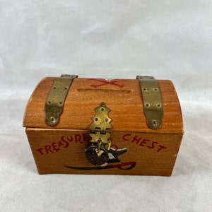 Mini Pirate Treasure Chest Bank Trinket Jewelry Box Vintage Rustic Wood Skull Crossbones Hardware Japan 1960s image 1