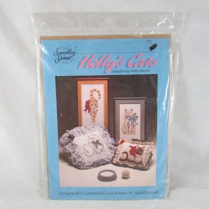 Holly&#39;s Cats Counted Cross Stitch Kit Pillow Wall Hanging Pattern Booklet Aida Fabric Embroidery Thread New Sealed 1988