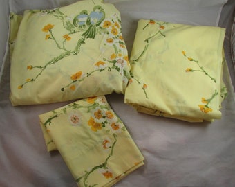 Springmaid Percale Blue Birds Floral Full Bed 3 Piece Sheet Set Flat Fitted Pillowcase Yellow