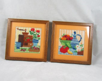 Set of 2 Still Life Kitchen Needlepoints Wall Hangings Complete Finished Framed Coffee Grinder Cruet Geraniums