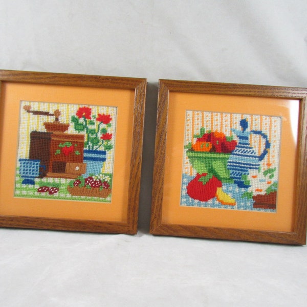 Set of 2 Still Life Kitchen Needlepoints Wall Hangings Complete Finished Framed Coffee Grinder Cruet Geraniums