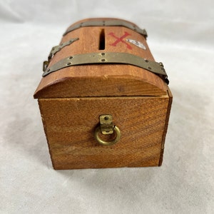 Mini Pirate Treasure Chest Bank Trinket Jewelry Box Vintage Rustic Wood Skull Crossbones Hardware Japan 1960s image 3