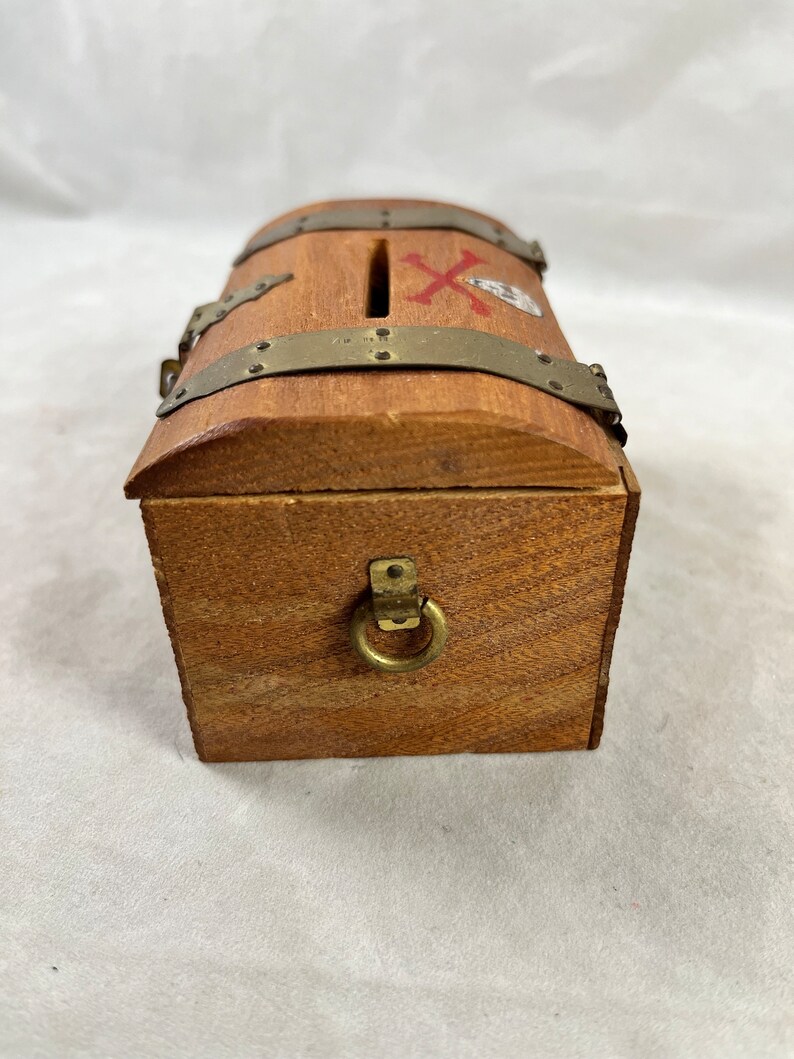 Mini Pirate Treasure Chest Bank Trinket Jewelry Box Vintage Rustic Wood Skull Crossbones Hardware Japan 1960s image 3