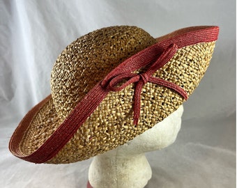 Counter-Fit by Frank Olive Woven Straw Hat Bow Red Trim Vintage 1980s Accessory