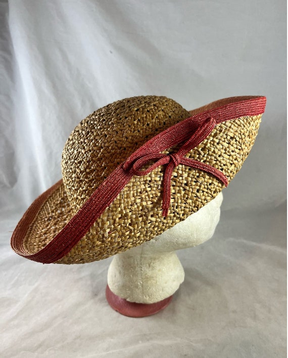 Counter-fit by Frank Olive Woven Straw Hat Bow Red Trim 