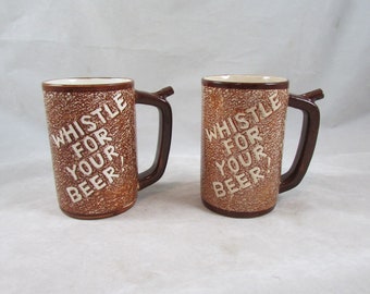 Whistle for Your Beer Mugs (2) Pair Ceramic Steins Made in Japan Vintage Drinkware Barware