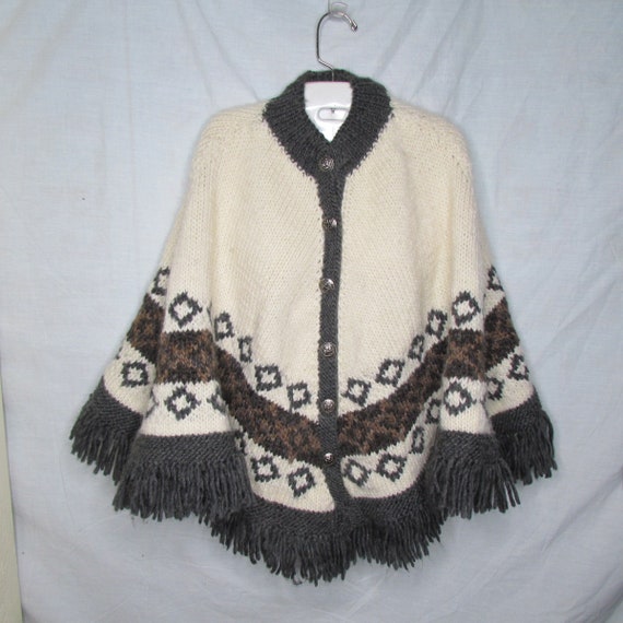 Hand Knit Fringed Shawl Poncho Metal Buttons Vint… - image 1