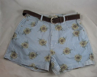 Gingham Print Denim High Waist Jean Shorts Juniors Size 13 Sunflowers with Belt 1860 Authentic Cactus Apparel