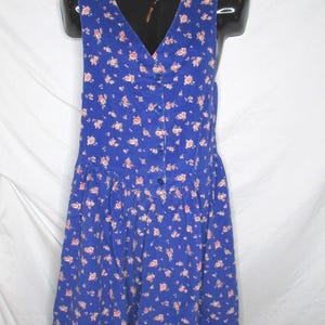 Blue Corduroy Jumper Dress Allover Pink Roses Floral Print Small Vintage 80s