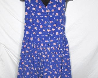 Blue Corduroy Jumper Dress Allover Pink Roses Floral Print Small Vintage 80s