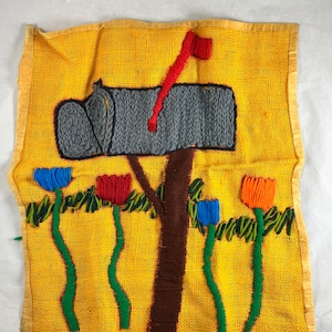 Mailbox Flowers Crewel Embroidery Wall Hanging Complete Finished Burlap Backing 17 x18 Vintage
