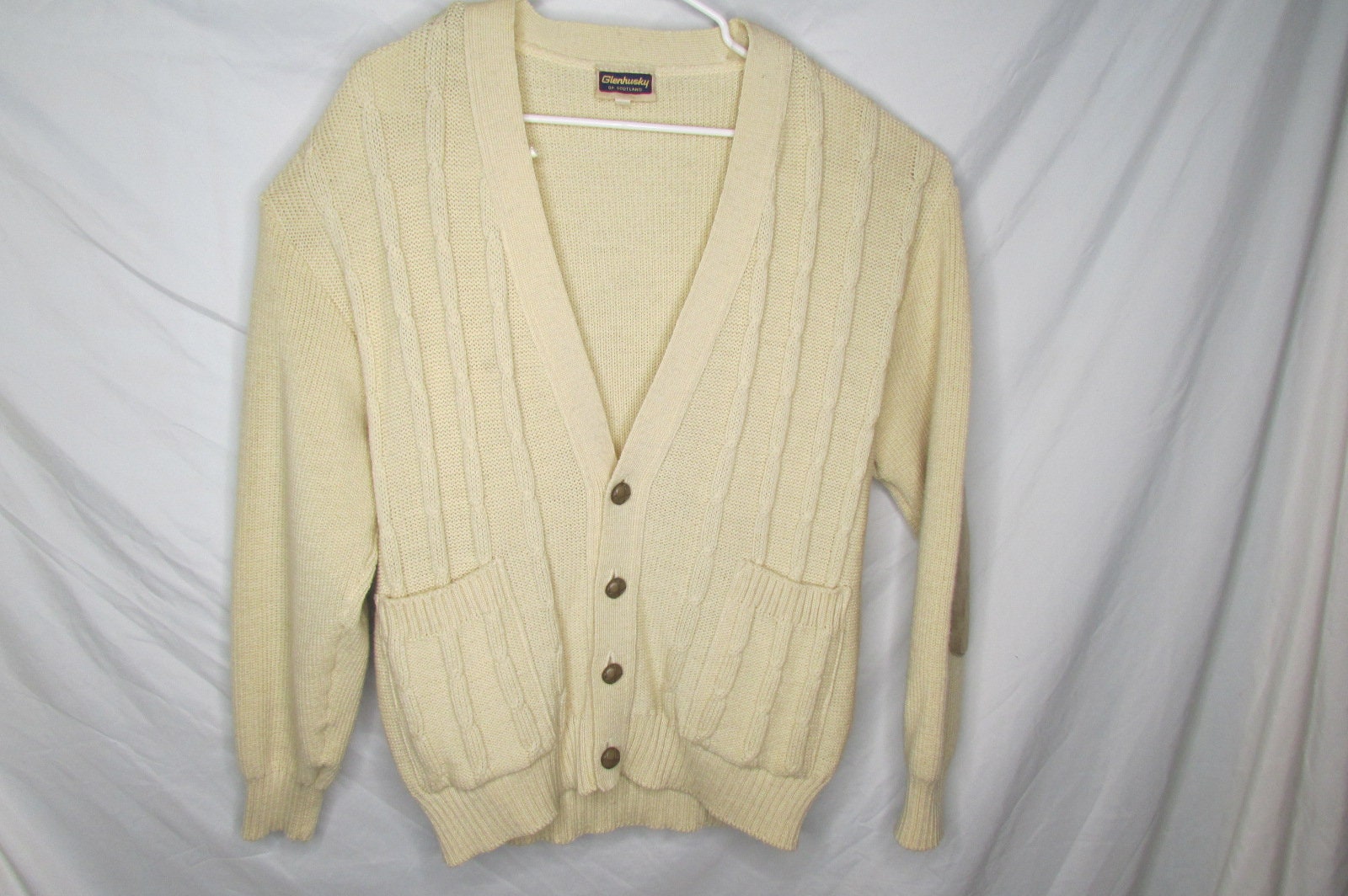 Glenhusky of Scotland Knit Cardigan Wool With Leather Elbow Glenhusky of Scotland Knit Cardigan Wool With Leather Elbow