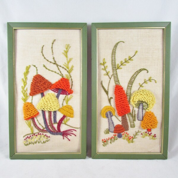 2 Crewel Embroidered Wall Hangings Mushrooms 1970s Bucilla Framed