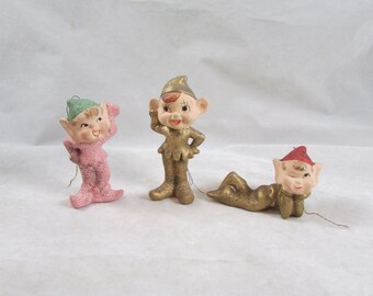 Composite Mica Holiday Elves Pixies (3) Ornaments Made in Japan Christmas Decor Vintage