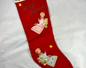 Flannel 3D Angels Merry Christmas Stocking 25" Embellished Glitter Holiday Decor Japan Vintage