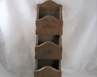 Wood Letter Bill Paper Organizer Mid Century Vertical Wall Mount 3 Slot with 3 Pegs Hooks