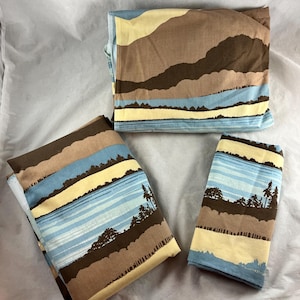 Burlington Percale Twin Sheet Set Flat Fitted Pillowcase Stylized Trees Mountains Sky Water Landscape Vintage