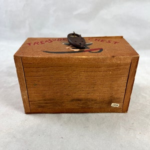 Mini Pirate Treasure Chest Bank Trinket Jewelry Box Vintage Rustic Wood Skull Crossbones Hardware Japan 1960s image 7