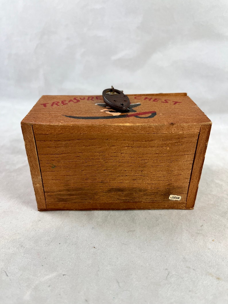 Mini Pirate Treasure Chest Bank Trinket Jewelry Box Vintage Rustic Wood Skull Crossbones Hardware Japan 1960s image 7