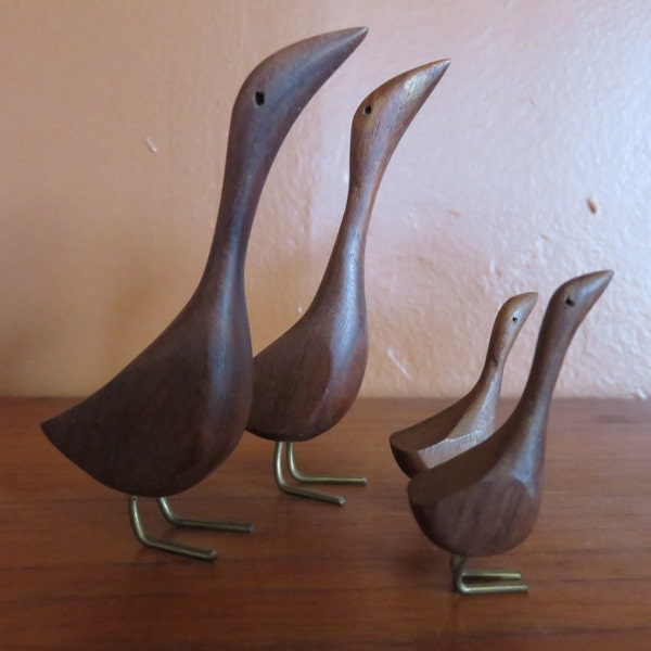 Vintage Set of Four Danish Modern Style Teak Geese With Wire Legs Carved Wood Figurines