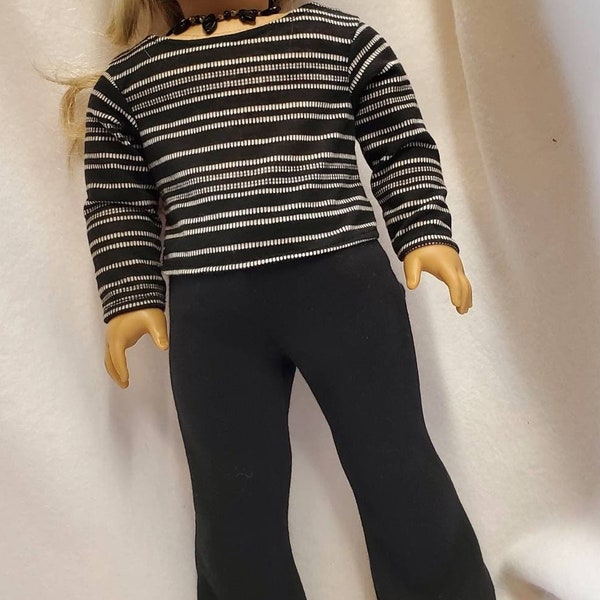 Black and White Striped Long Sleeve Top or Black flared/ boot cut Stretch Pants to fit popular 18 inch Dolls 18" Doll Clothes