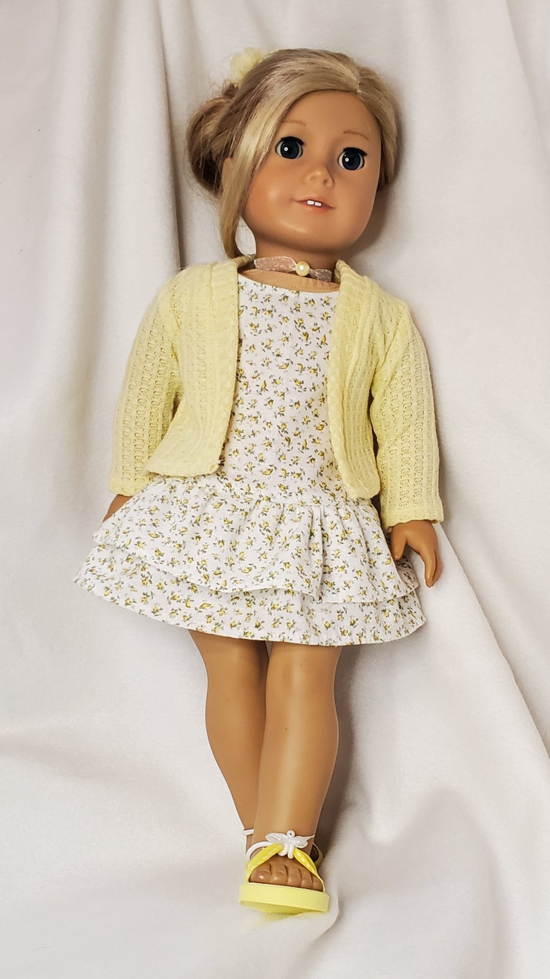 Handmade 18 Doll Clothes, Doll Clothes Fits Popular 18 inch Dolls Spring into Yellow Rosebuds outfit Dress, Cardigan, Sandals, Necklace image 8