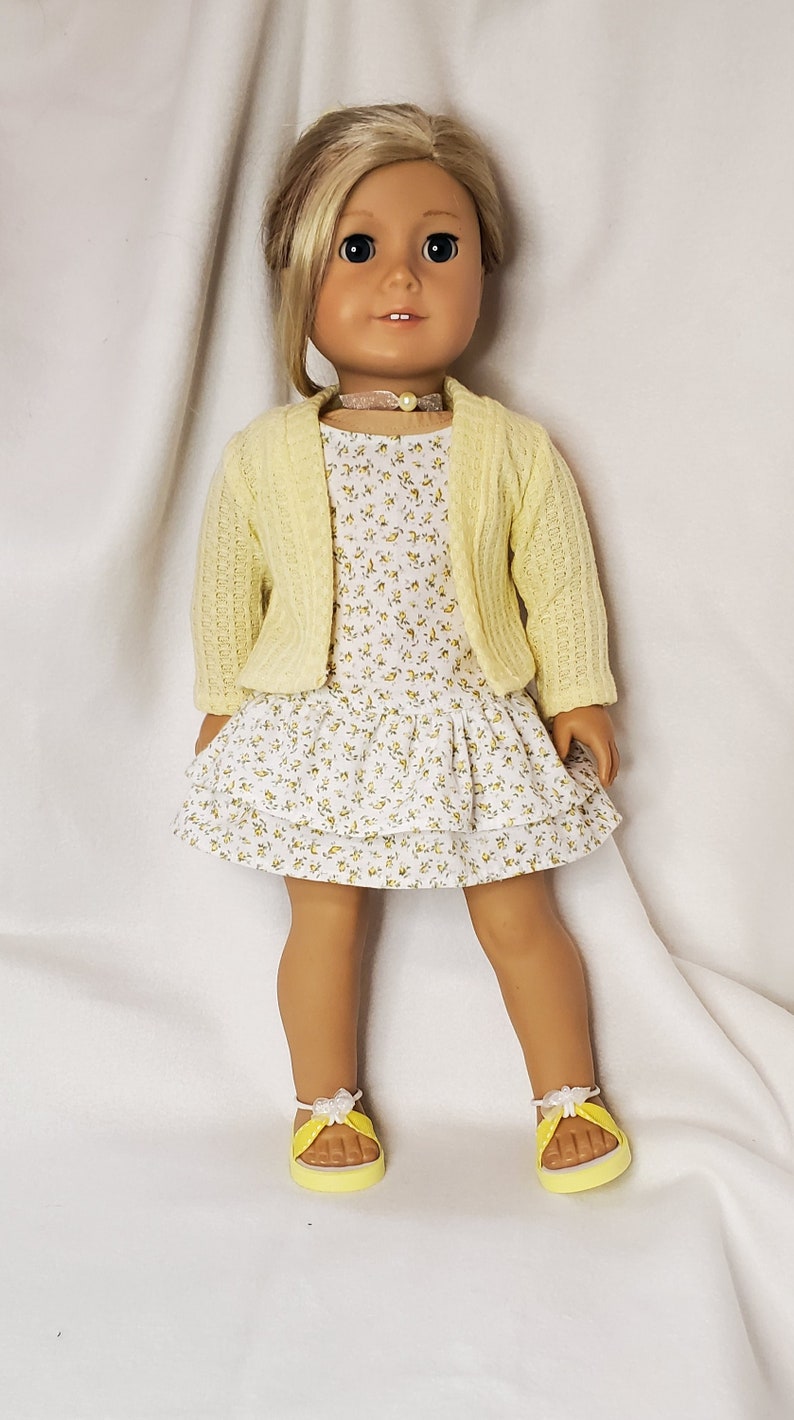 Handmade 18 Doll Clothes, Doll Clothes Fits Popular 18 inch Dolls Spring into Yellow Rosebuds outfit Dress, Cardigan, Sandals, Necklace image 9