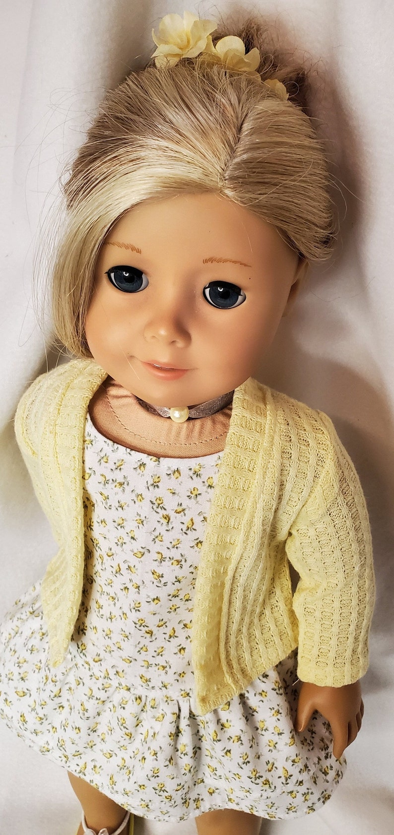 Handmade 18 Doll Clothes, Doll Clothes Fits Popular 18 inch Dolls Spring into Yellow Rosebuds outfit Dress, Cardigan, Sandals, Necklace image 6