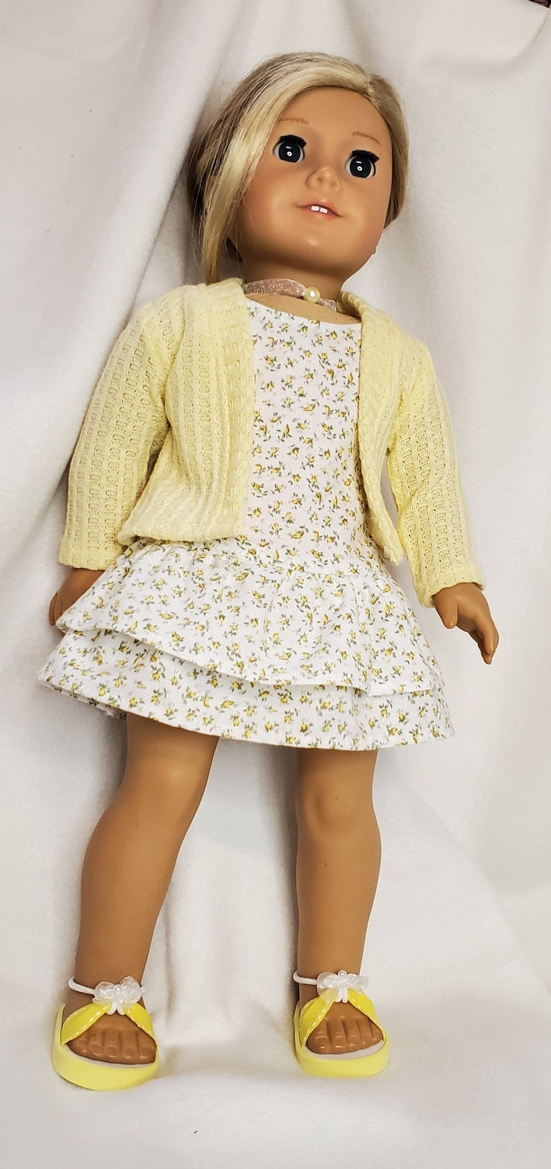 Handmade 18 Doll Clothes, Doll Clothes Fits Popular 18 inch Dolls Spring into Yellow Rosebuds outfit Dress, Cardigan, Sandals, Necklace image 5