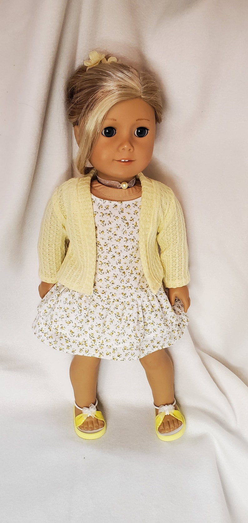 Handmade 18 Doll Clothes, Doll Clothes Fits Popular 18 inch Dolls Spring into Yellow Rosebuds outfit Dress, Cardigan, Sandals, Necklace image 10