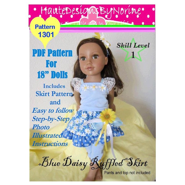 PDF Sewing Pattern for Handmade American 18" girl doll Clothes -   No 1 SELLER   My Blue Daisy Ruffled Skirt