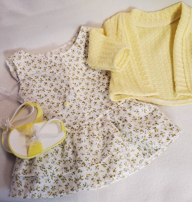 Handmade 18 Doll Clothes, Doll Clothes Fits Popular 18 inch Dolls Spring into Yellow Rosebuds outfit Dress, Cardigan, Sandals, Necklace image 3