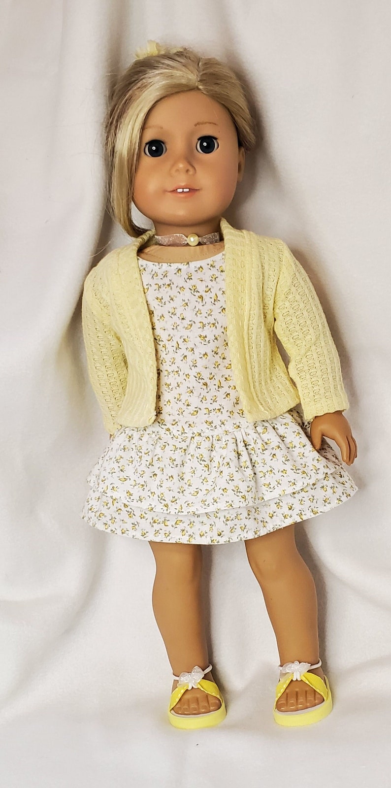 Handmade 18 Doll Clothes, Doll Clothes Fits Popular 18 inch Dolls Spring into Yellow Rosebuds outfit Dress, Cardigan, Sandals, Necklace image 1