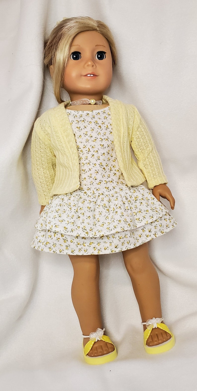 Handmade 18 Doll Clothes, Doll Clothes Fits Popular 18 inch Dolls Spring into Yellow Rosebuds outfit Dress, Cardigan, Sandals, Necklace image 2