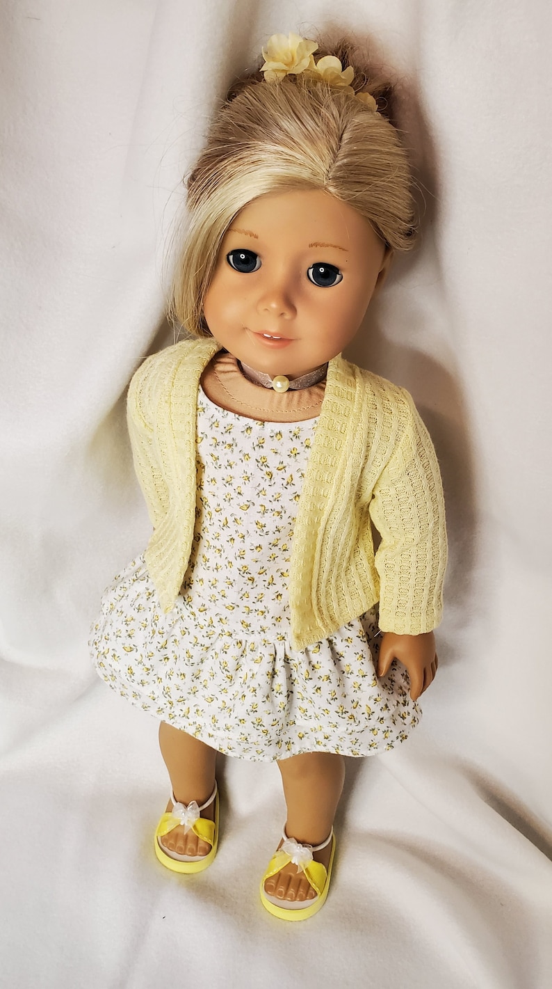 Handmade 18 Doll Clothes, Doll Clothes Fits Popular 18 inch Dolls Spring into Yellow Rosebuds outfit Dress, Cardigan, Sandals, Necklace image 7