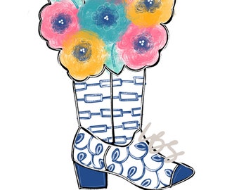 TEMPLATE: Floral chinoiserie cowboy boots door hanger template, cowgirl boots door hanger template, chinoiserie door hanger template, floral