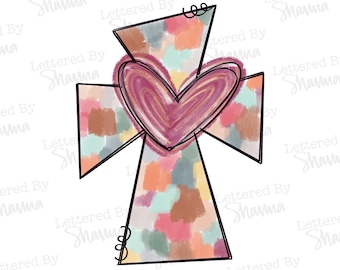 May include: A cross-shaped graphic illustration featuring a multi-colored abstract paint stroke pattern in shades of pink, orange, teal, and grey. A large, hand-drawn style heart in shades of magenta and gold is centered over the cross.