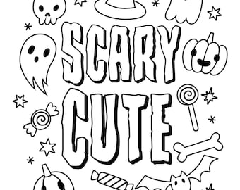 May include: Black and white illustration of Halloween themed objects, including a ghost, a spider, a witch's hat, a pumpkin, a candy cane, a skull, a cauldron, and a bat. The text "SCARY CUTE" is in the center of the image.