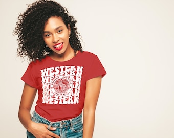 May include: Red t-shirt with a white graphic design featuring the Western Kentucky University logo and the text "WESTERN" repeated in a wavy pattern.