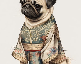 Asian Style Pug Printable Art Bundle of 4 Images Instant Download, Cute Printables, Fun Artwork