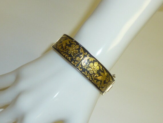 Vintage DAMASCENE Bracelet Black and Gold Ornate … - image 3