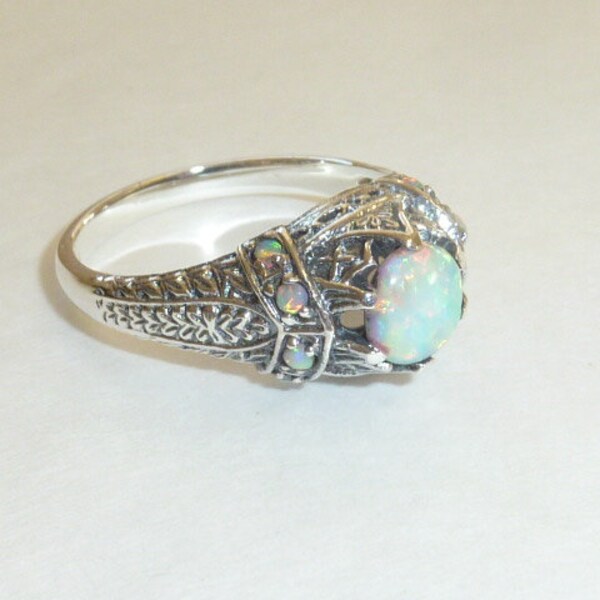Weisser Opal Ring Sterling Silber Filigran Oktober Birthstone Art-Deco-viktorianischen Stil Verlobungsring 925 massivem Sterling Größe 6 Edelstein-Ring