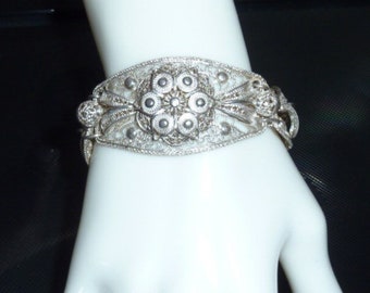 Antique Silver Cannetille Filigree Bracelet Spun Silver Wide Link Bracelet Chinoiserie 1930s