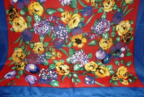 Vintage Large Square Silk Floral Scarf Blue Red Y… - image 3