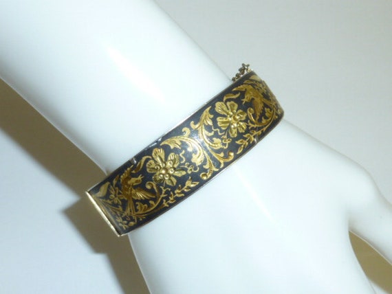 Vintage DAMASCENE Bracelet Black and Gold Ornate … - image 1