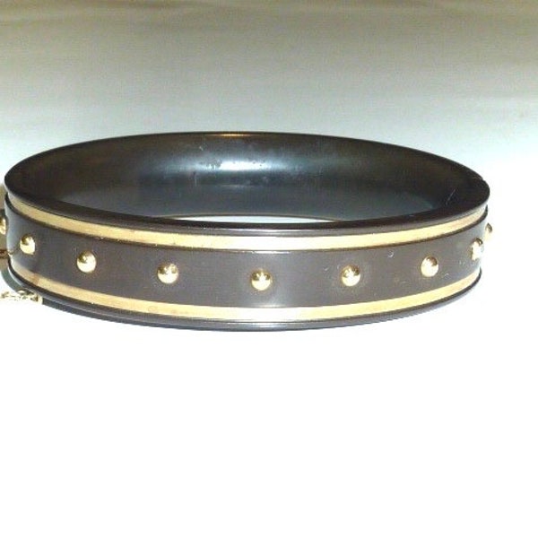 Antique Victorian Gutta Percha 14K Gold Bracelet Mourning Bangle Studded Beaded Cuff Small Size 6 inch